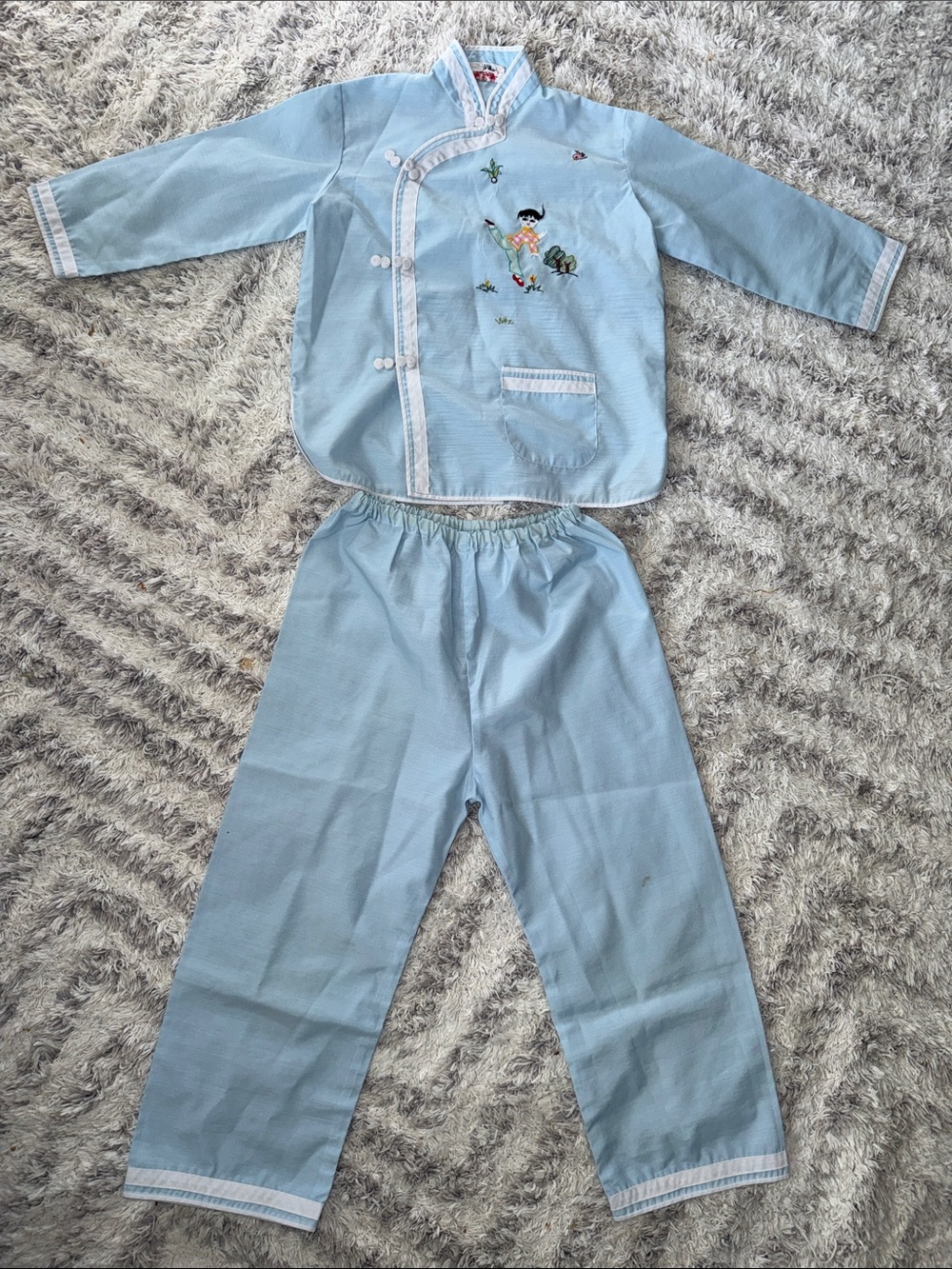 4T 70’s Vintage Chinese Pajamas Toddler Blue Plum Blossoms Pants Topl like new